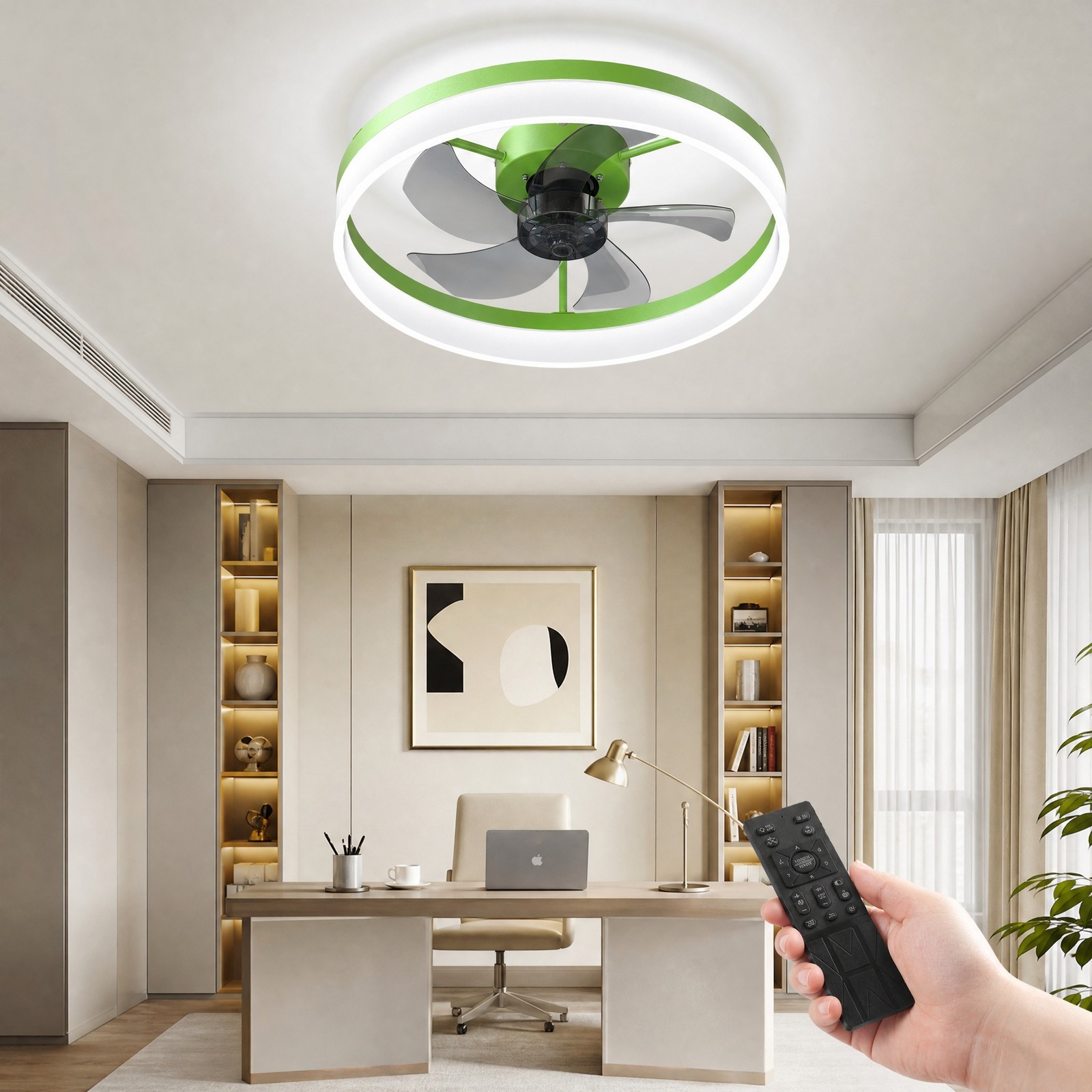 20'' Modern Green Ceiling Fan with LED Light Remote APP Control Flush Mount Kit