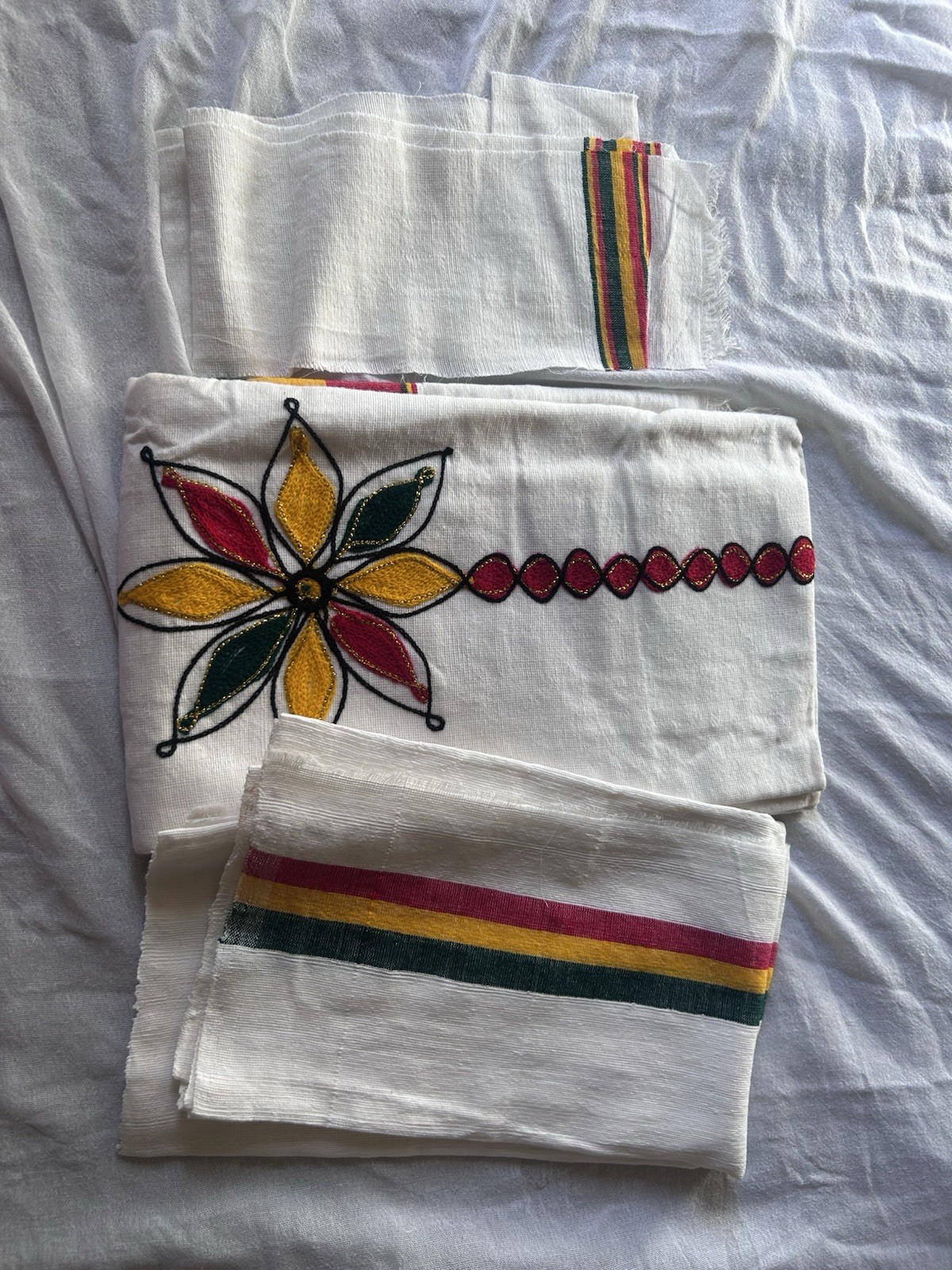 Handmade Ethiopian Traditional White Cotton Scarf with Embroidery for Men Women