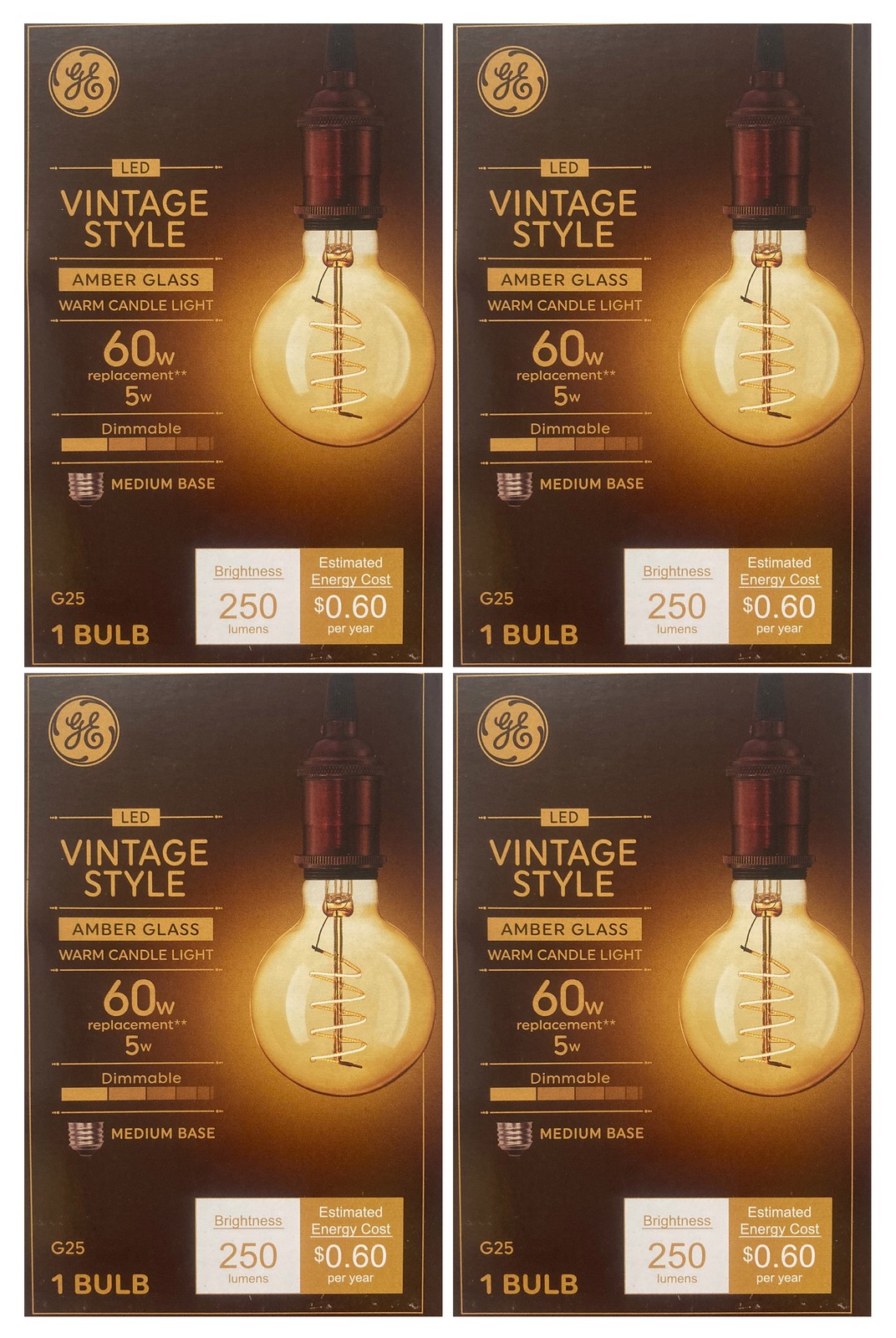(case of 4 bulbs) GE 36731 Vintage Style LED Light Bulb, G25 Globe, Amber
