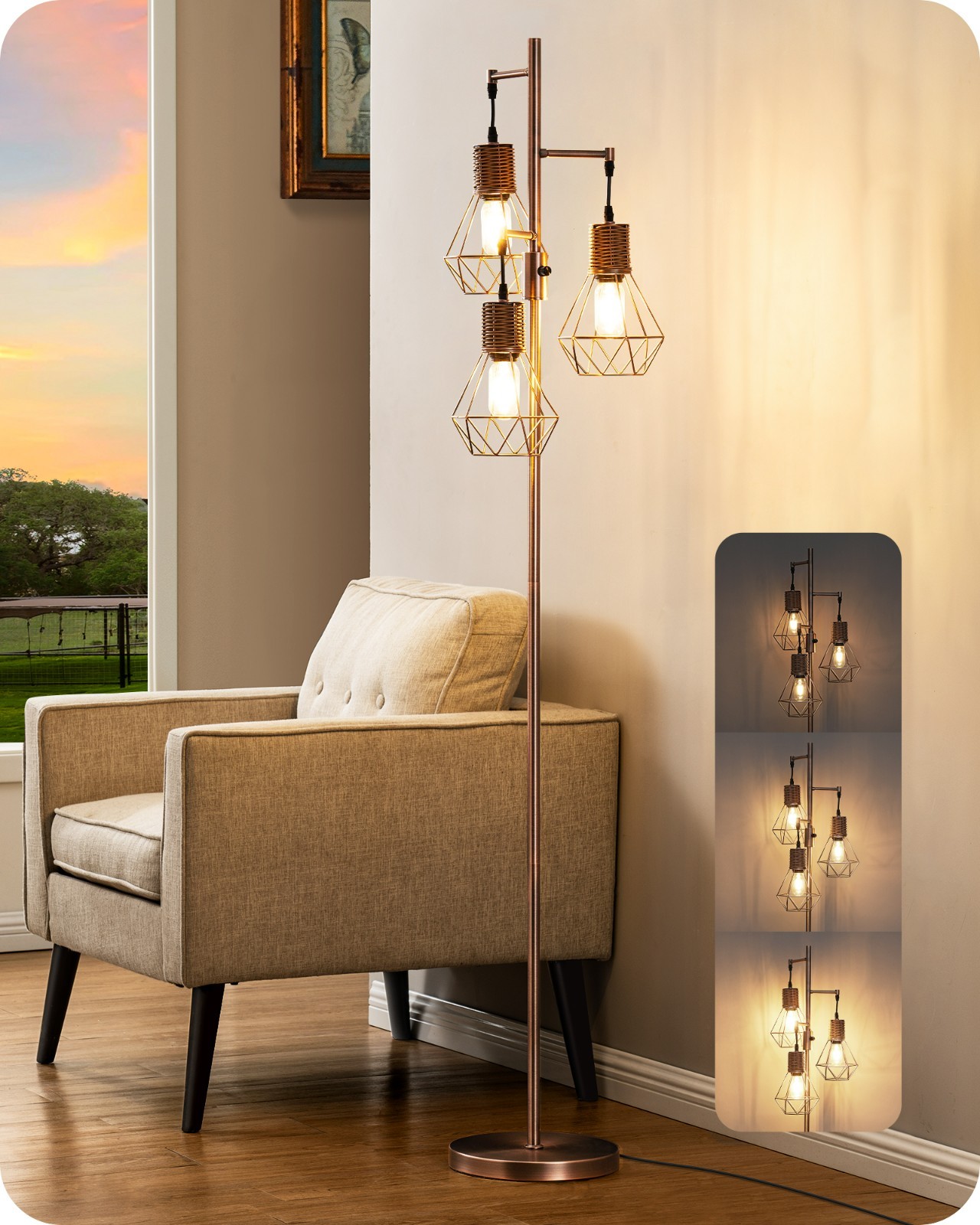 Farmhouse Floor Lamp Dimmable, Industrial Standing Lamp for Living Room