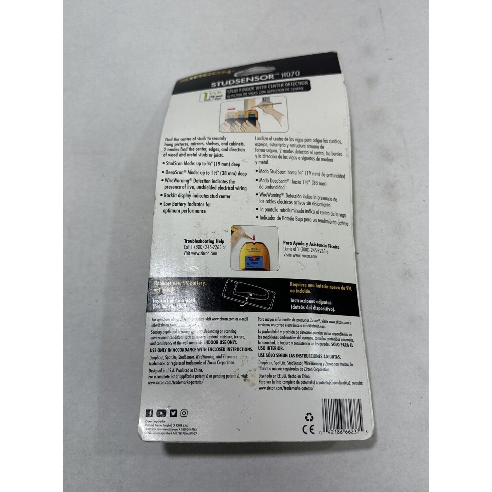 Zircon StudSensor HD70 Stud Finder LED Center Detection Wire Warning