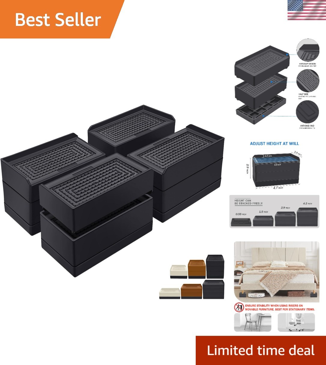 Rectangle Bed Risers, 3 Inch Heavy Duty Adjustable Furniture Risers for Bed S...