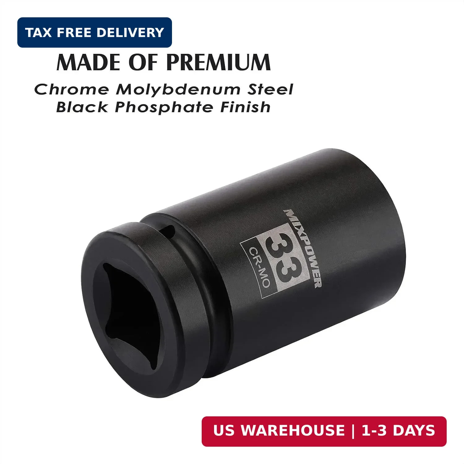 MIXPOWER 1 Inch Drive Deep Impact Socket, CR-MO, 33mm, 6 Point, Radius Corner De