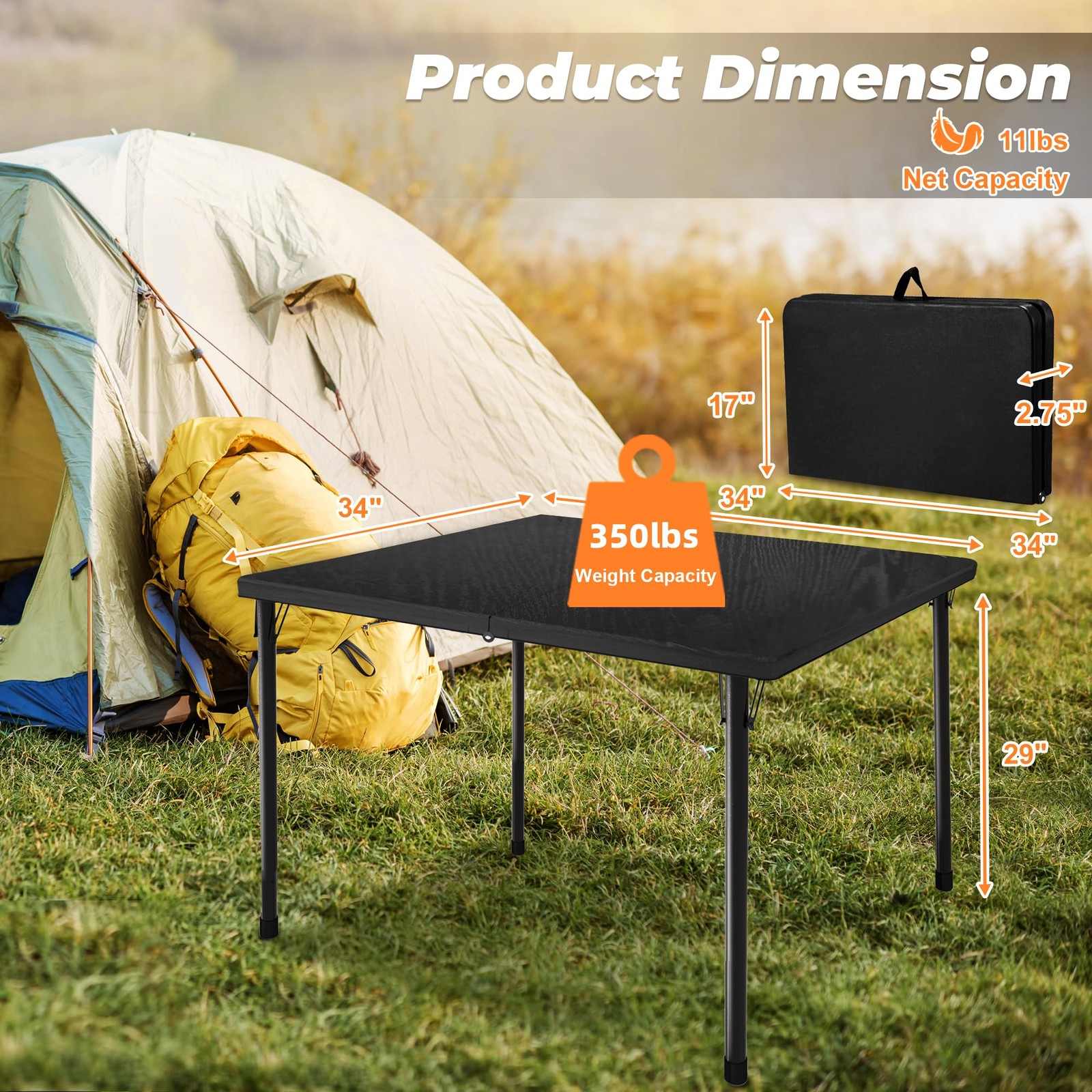 Outspurge 34" Folding Table, Portable Square 34"L X 17"W X 2.75"H, Black