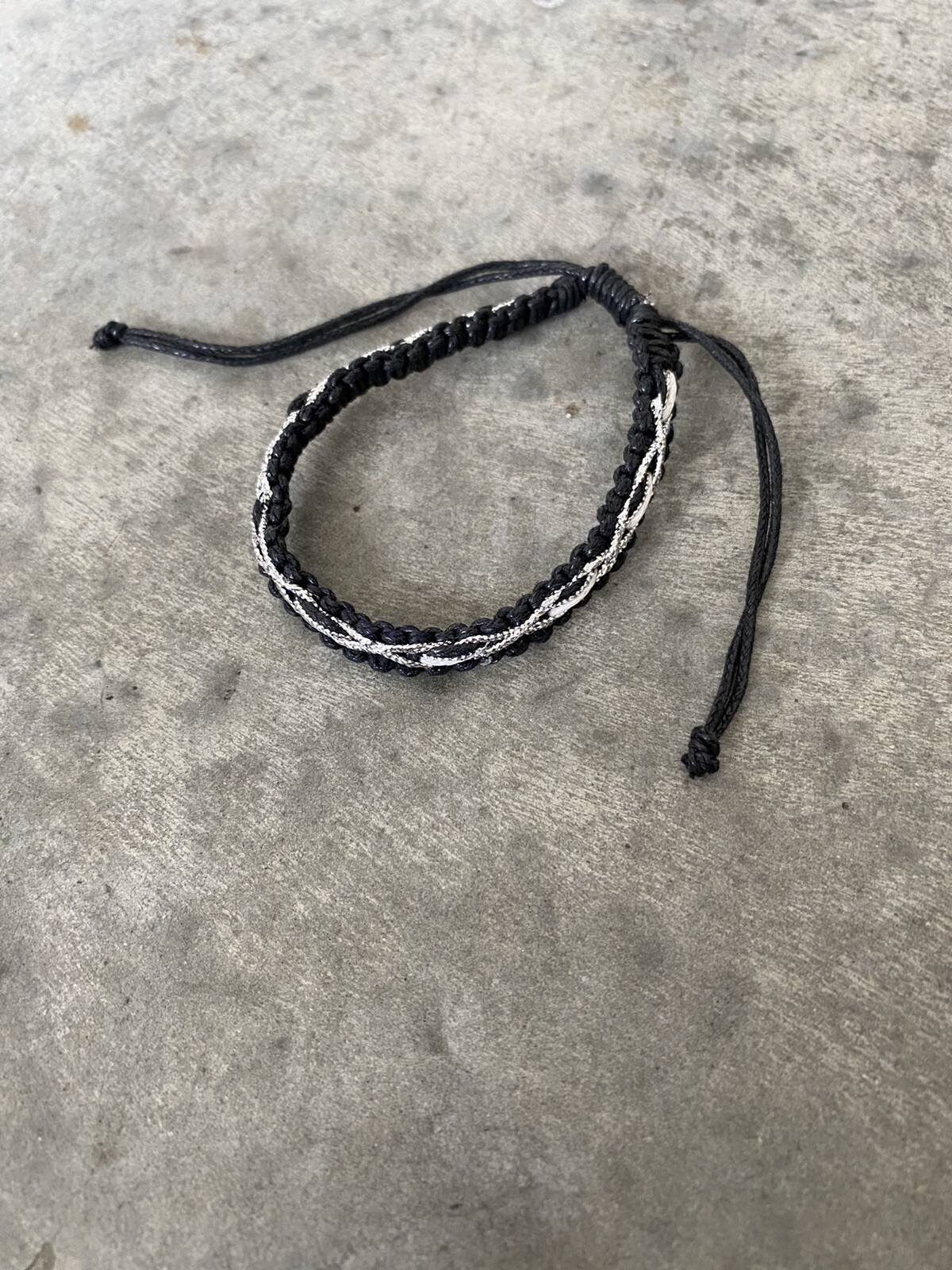 Silver Black Woven Rope Bracelet Artisan Handmade