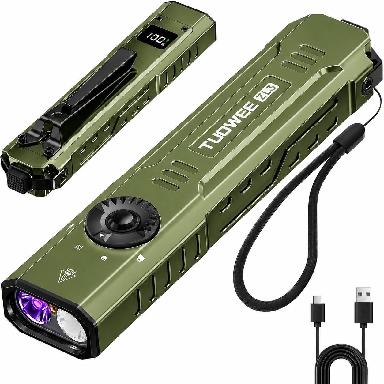 TUOWEE Large Green Rechargeable EDC Flashlight