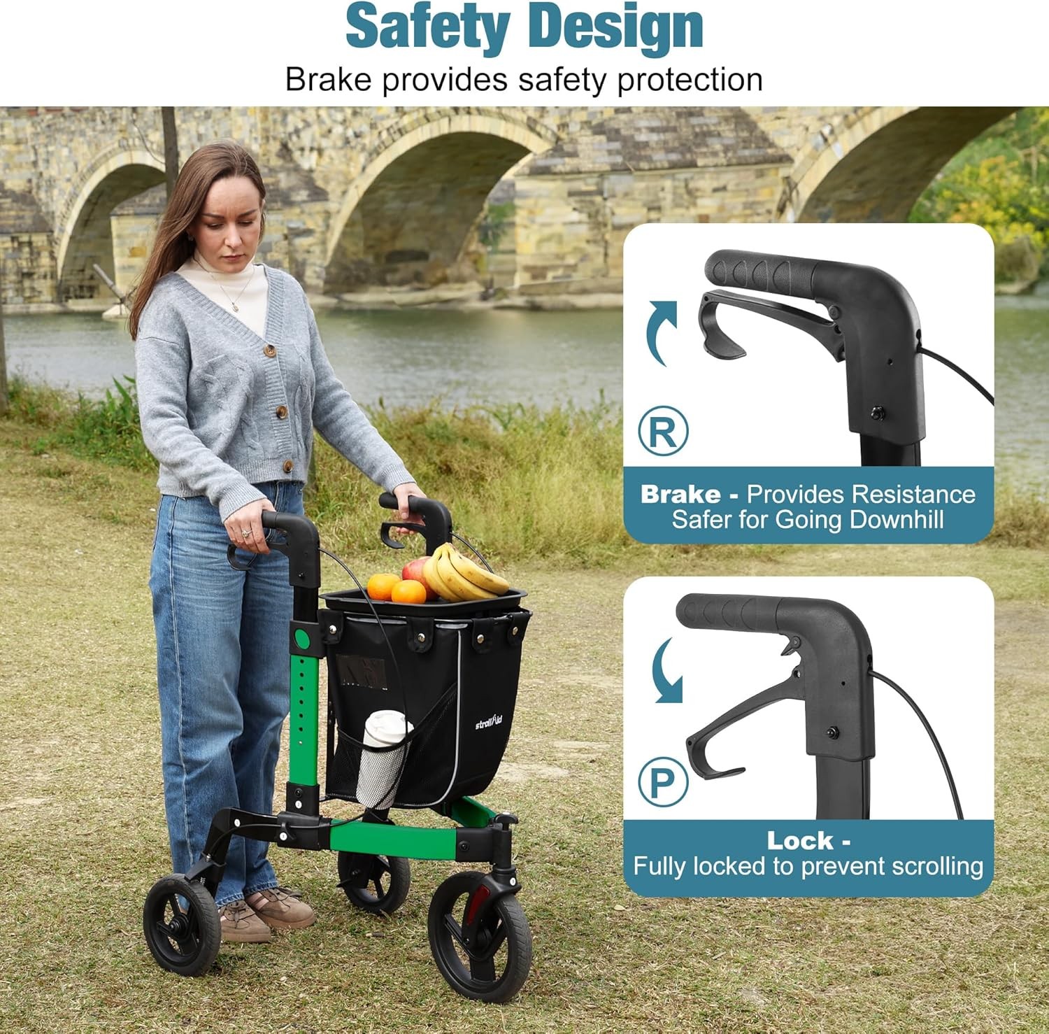 Rollator Walker All Terrain 10“Front 3 Wheel w/ Tray&Large Storage Bag Foldable