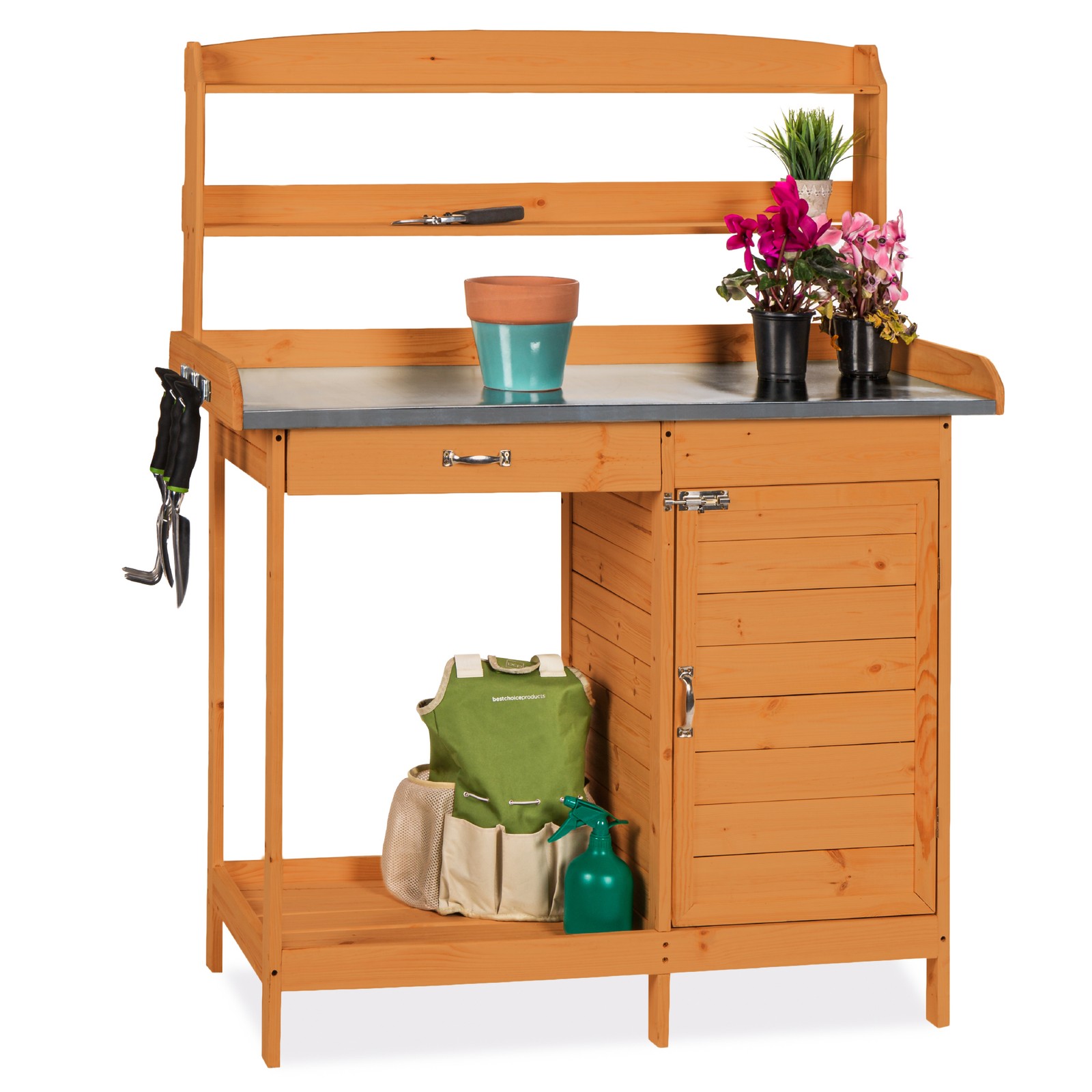 Best Choice Products Wooden Potting Bench w/ Metal Table Top - Natural