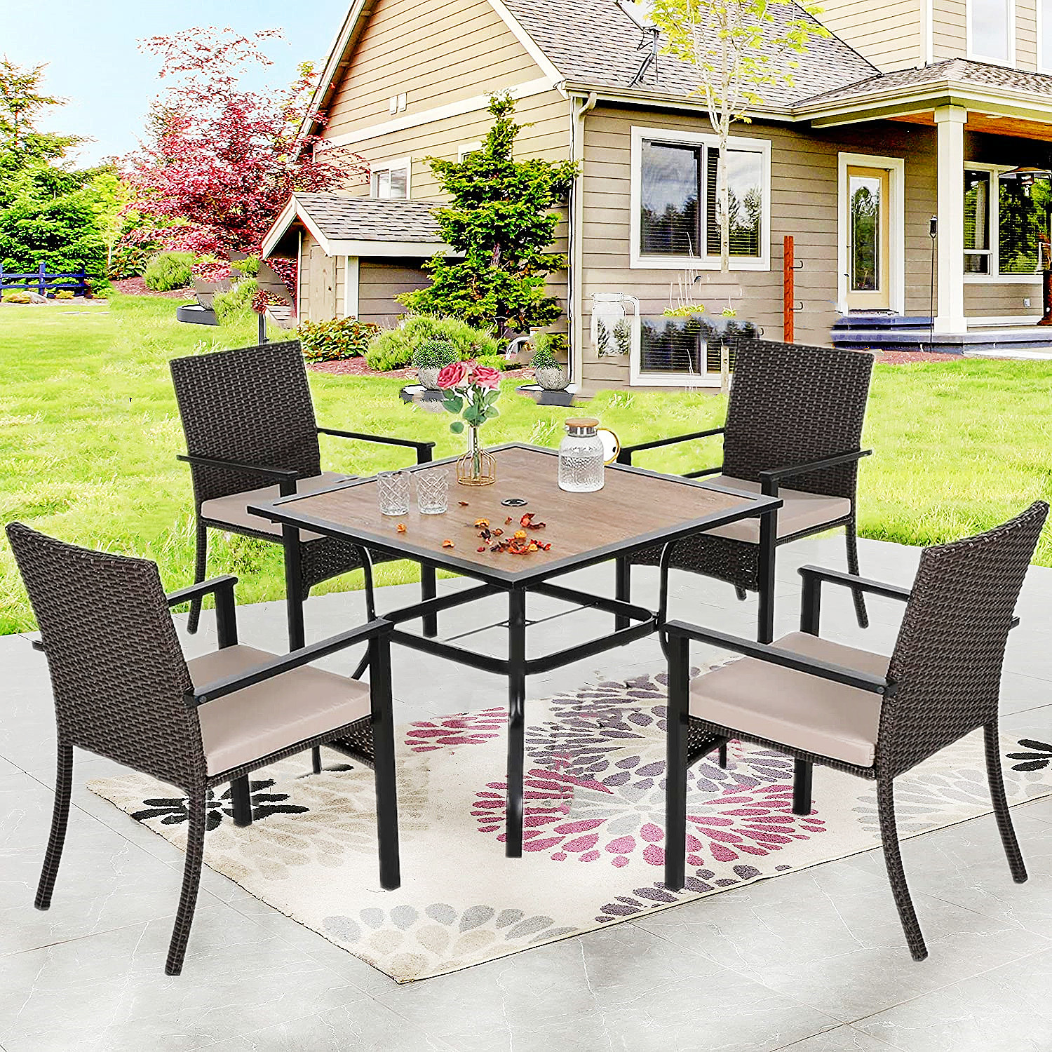5 Pcs Outdoor Furniture Set Patio Dining Chairs Set Square Table Rattan Armchair