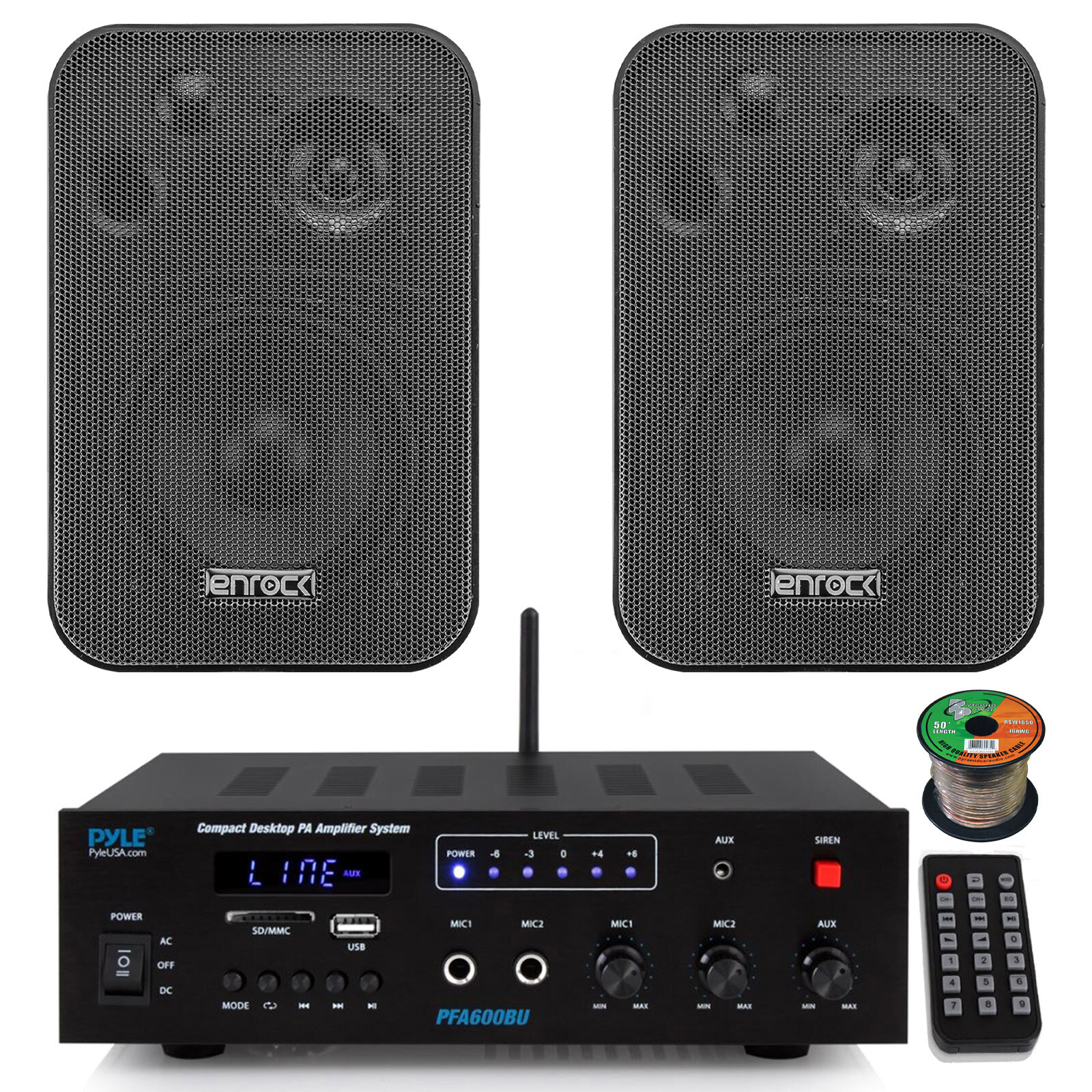 Pyle PFA600BU Bluetooth AUX FM PA Amplifier Receiver, 2x 4" 30W Black Speakers