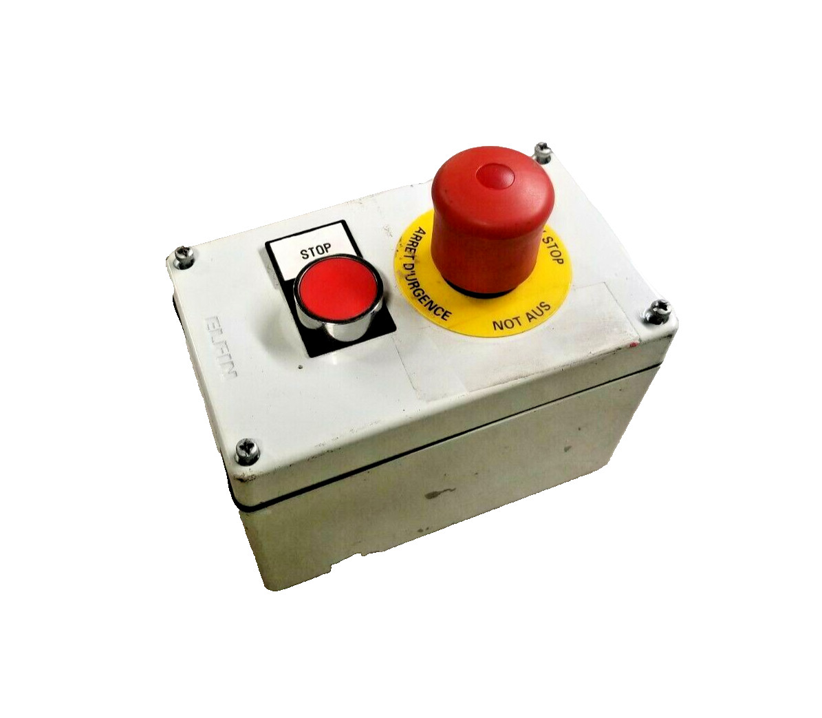 ELFIN PUSH BUTTON ENCLOSURE E-STOP & STOP BUTTON 6" x 3 1/2" x 4" INDOOR
