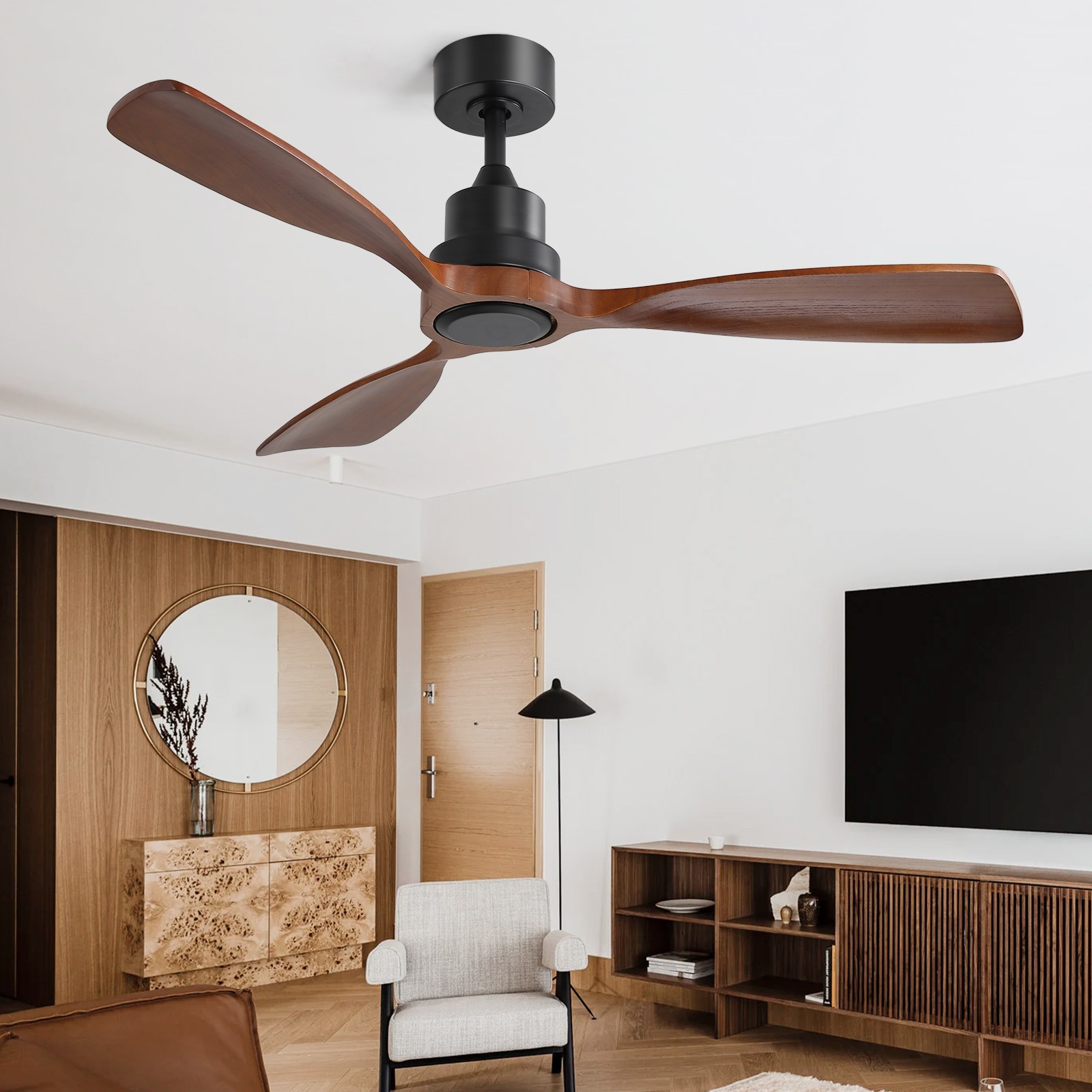 48in.Solid Wood Blade,Ceiling Fan,No Light,Reversible,Remote,Adjustable 6 Speed.
