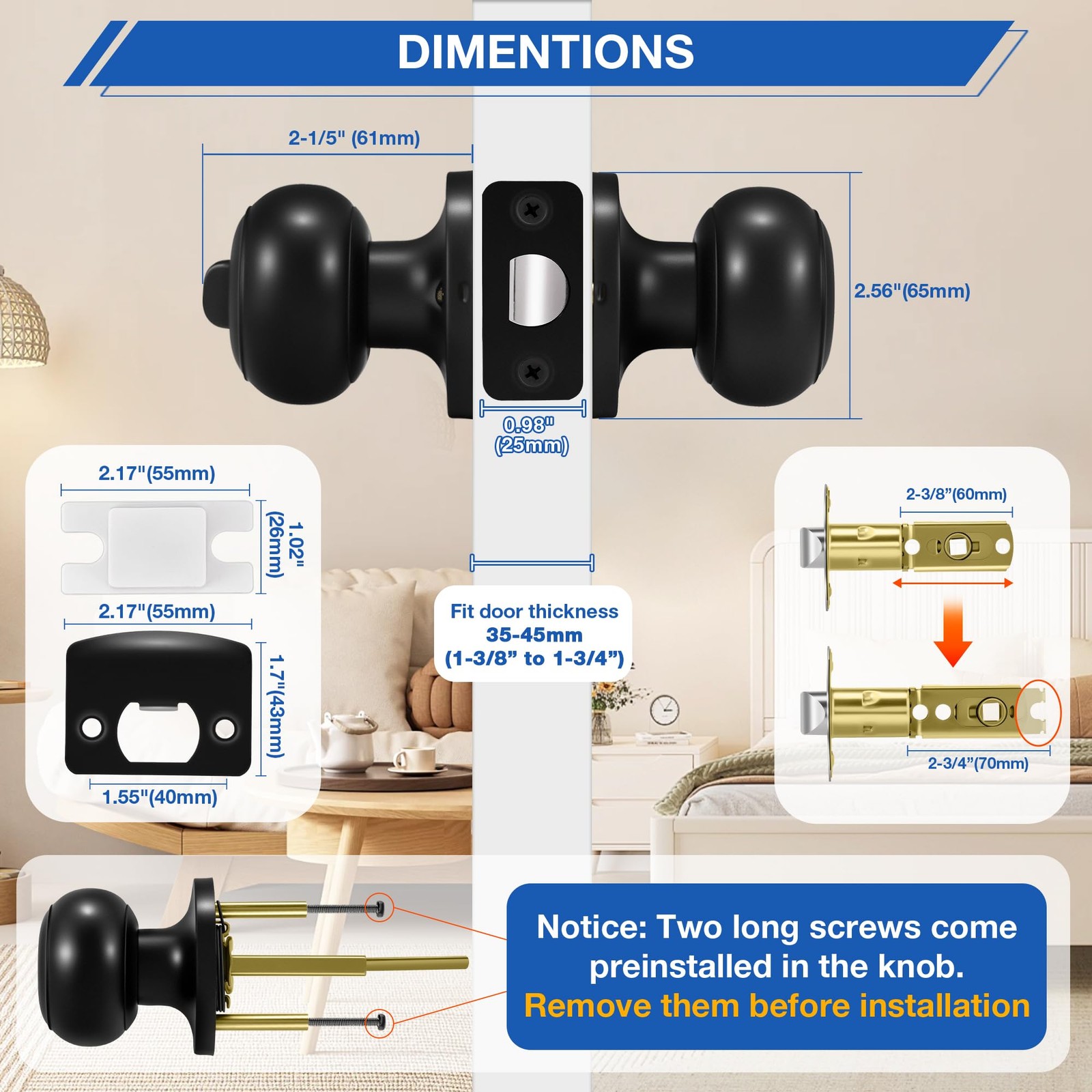 10 Pack Matte Black Door knobs, Keyless Interior Door Locks, Round Ball Keyle...