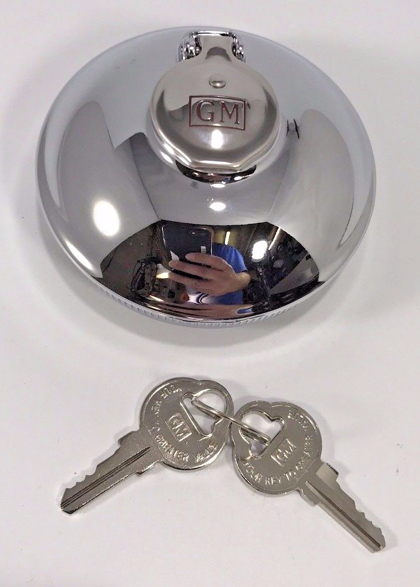 GM Licensed Embossed Car Truck Chrome Metal Locking Gas Cap W Keys 1938-1971