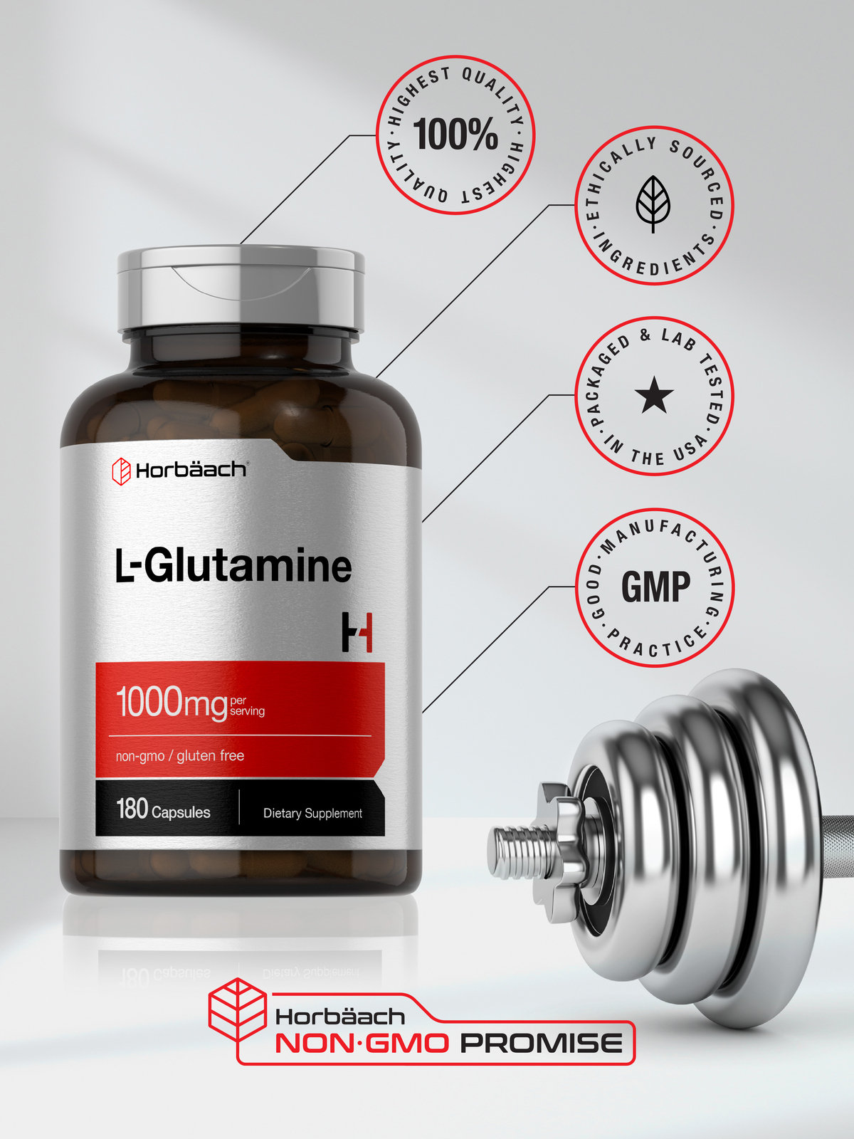 L Glutamine Capsules | 1000mg | 180 Count | Non-GMO, Gluten Free | by Horbaach