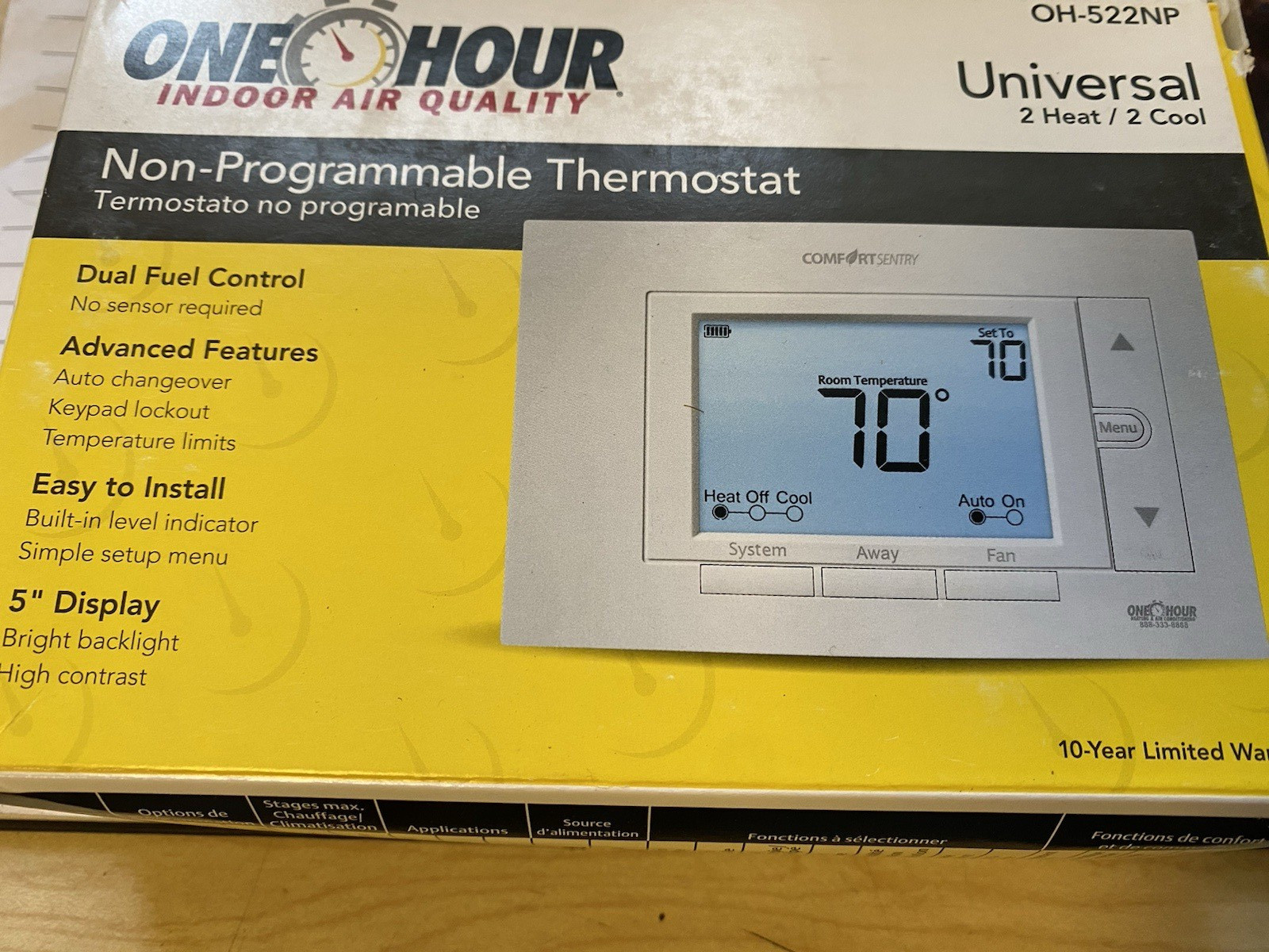 BRAND NEW UNIVERSAL NON=PROGRAMMABLE THERMOSTAT NIB 5" DISPLAY OH-522NP