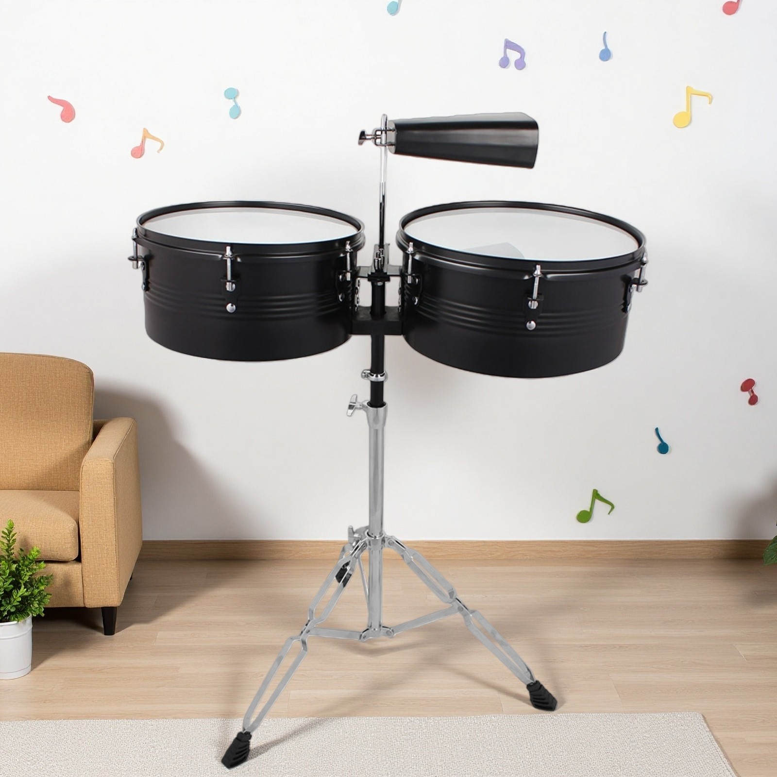 13" 14" Timbales Beginner Drum Set - Black Latin Cowbell Adjustable Stand Sticks