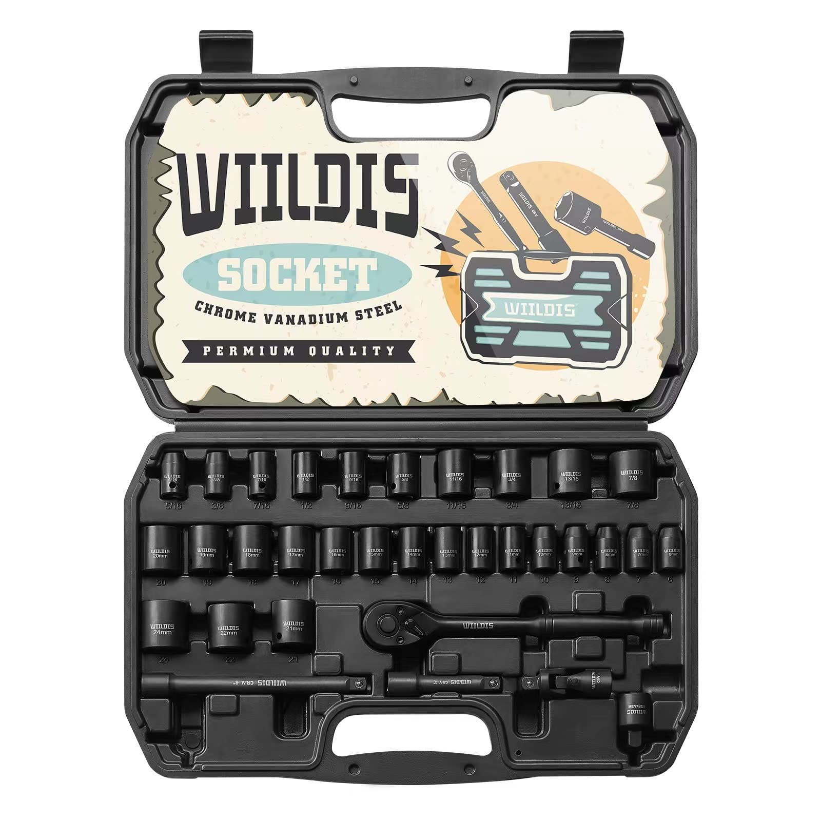 WIILDIS Impact Socket Set, 33-Piece, 3/8" Drive Socket Set with 72 Teeth Reve...