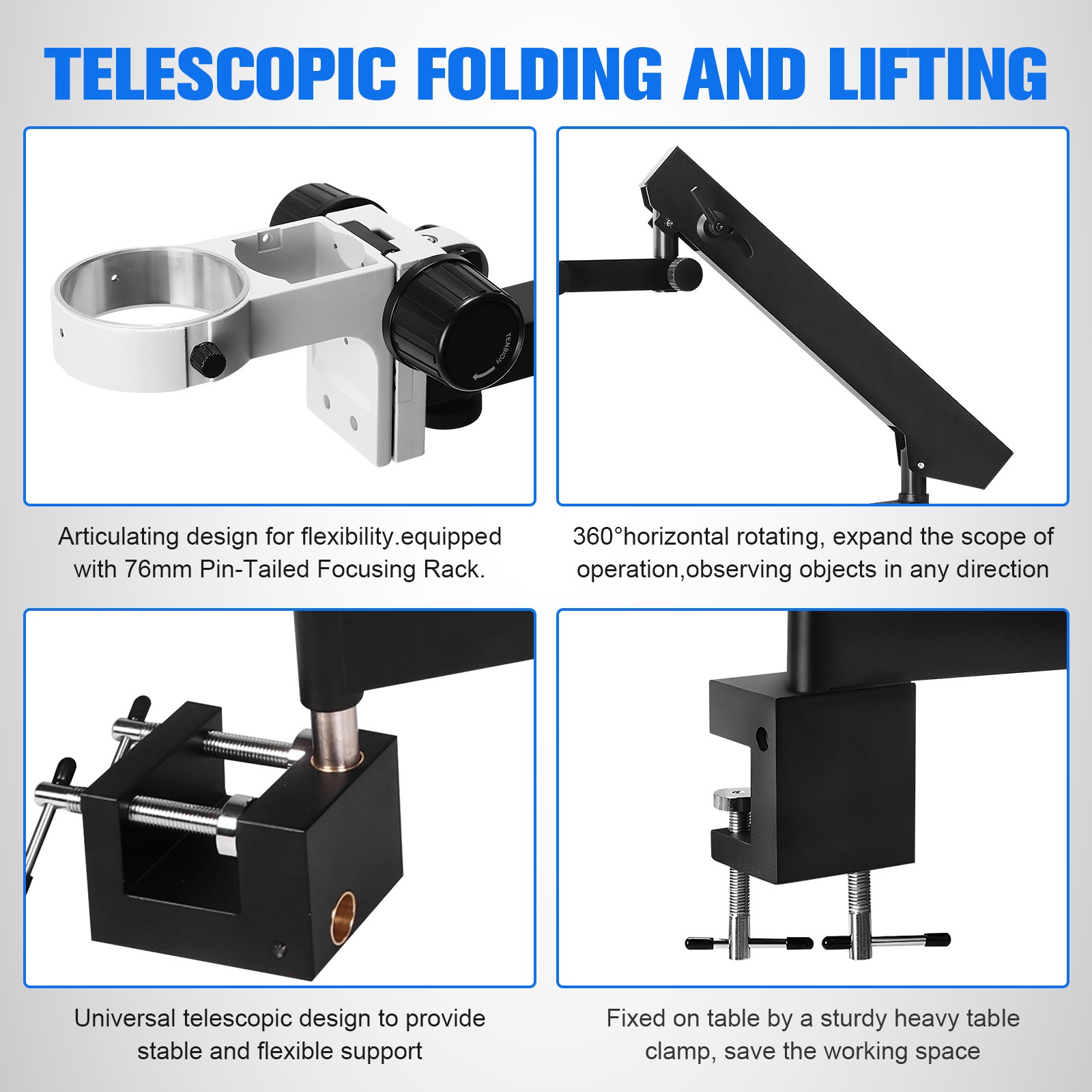 Foldable Bracket with Table Clip Stereo Trinocular Stand for Digital Microscope