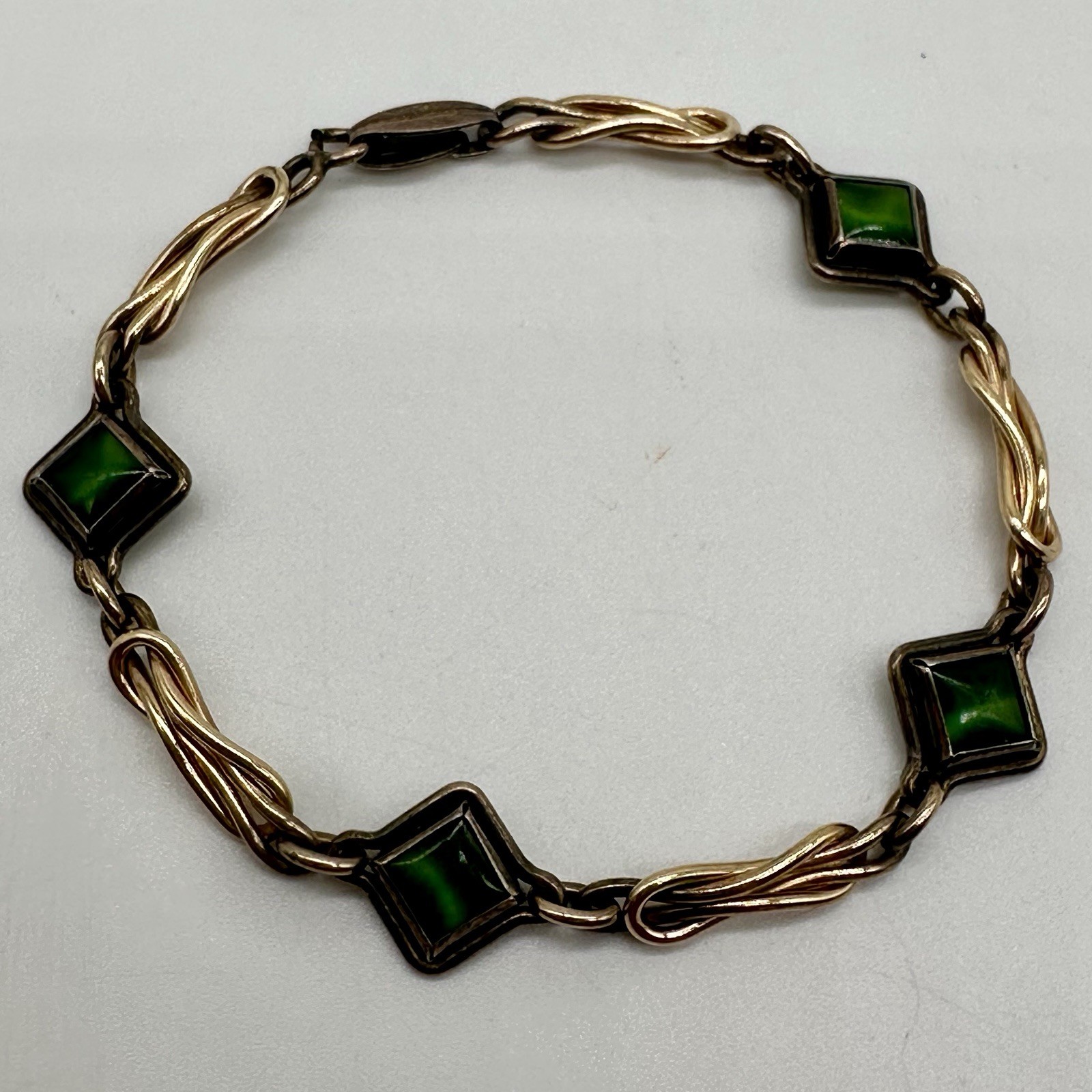 Antique 12k YGF on Sterling Silver Sturdy Brand Link Bracelet Green Stones
