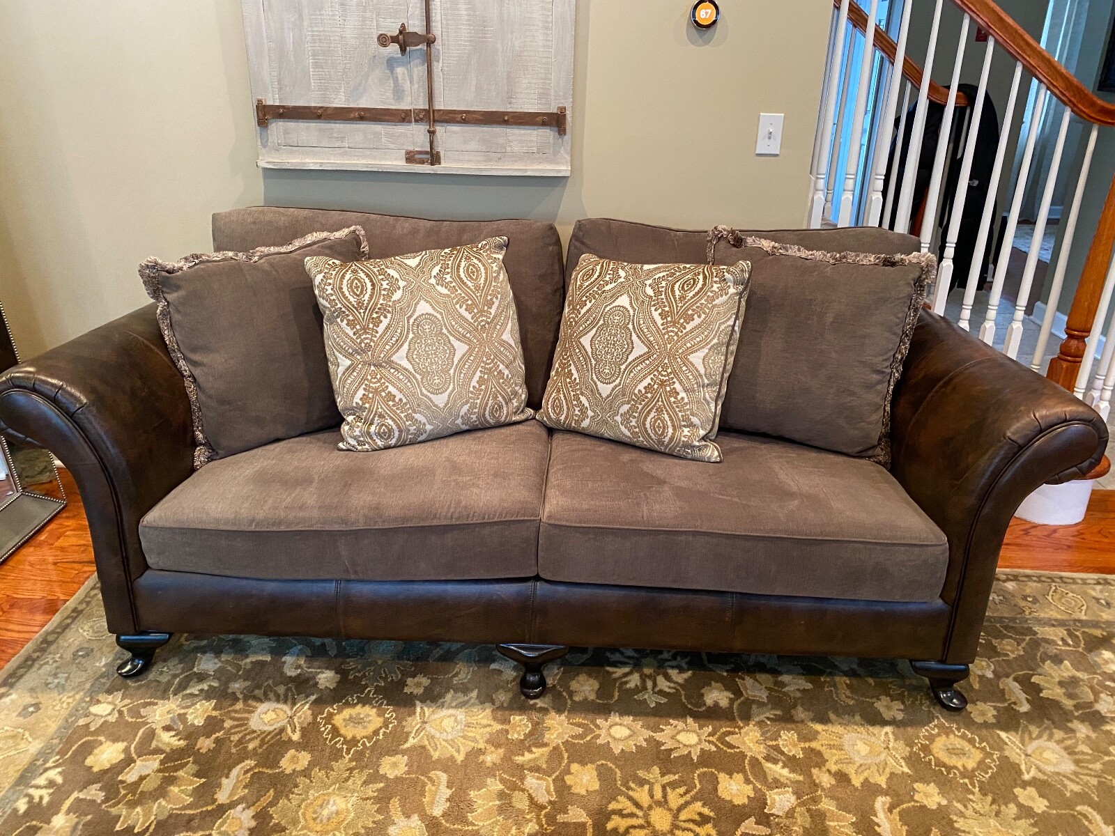 Bernhardt Sofa, Brown Leather and Taupe/Gray Upholstery