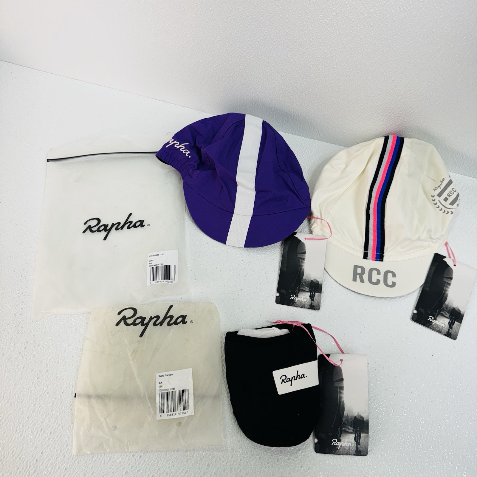 3 Lot Rapha RCC 10th An Limited Cycl Cap White / Cap II Purple / 1 Toe Cover S/M
