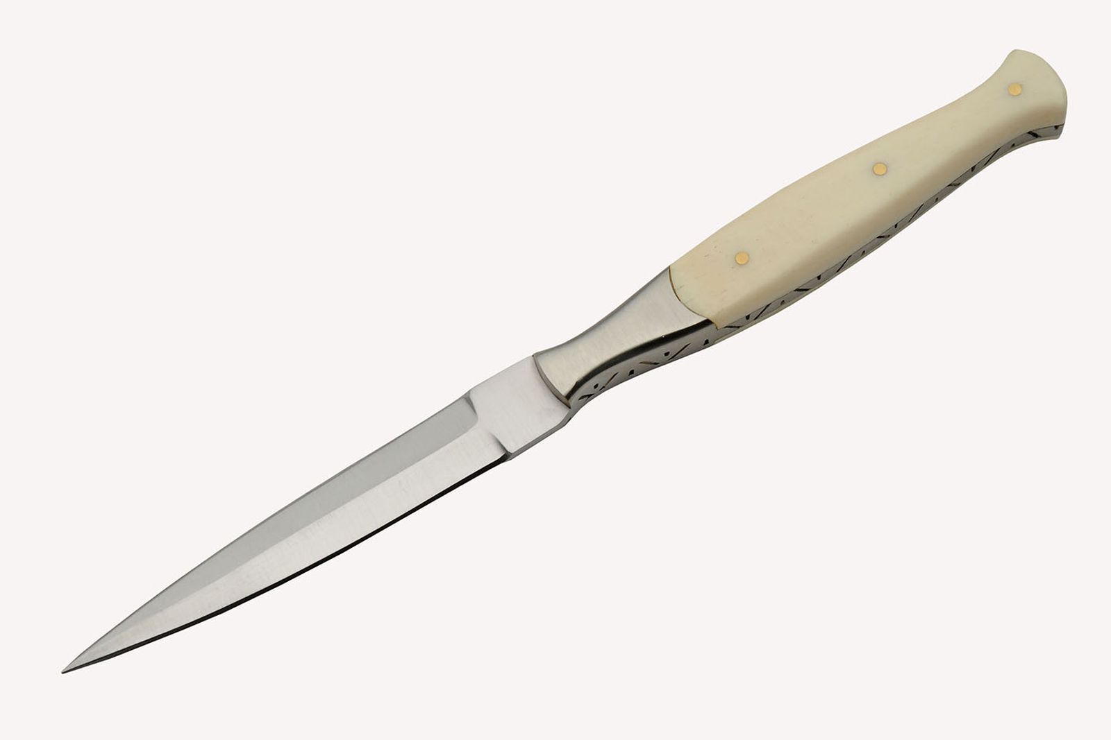 Dagger Slim Double Edge Stiletto Blade Bone Handle Full Tang + Leather Sheath