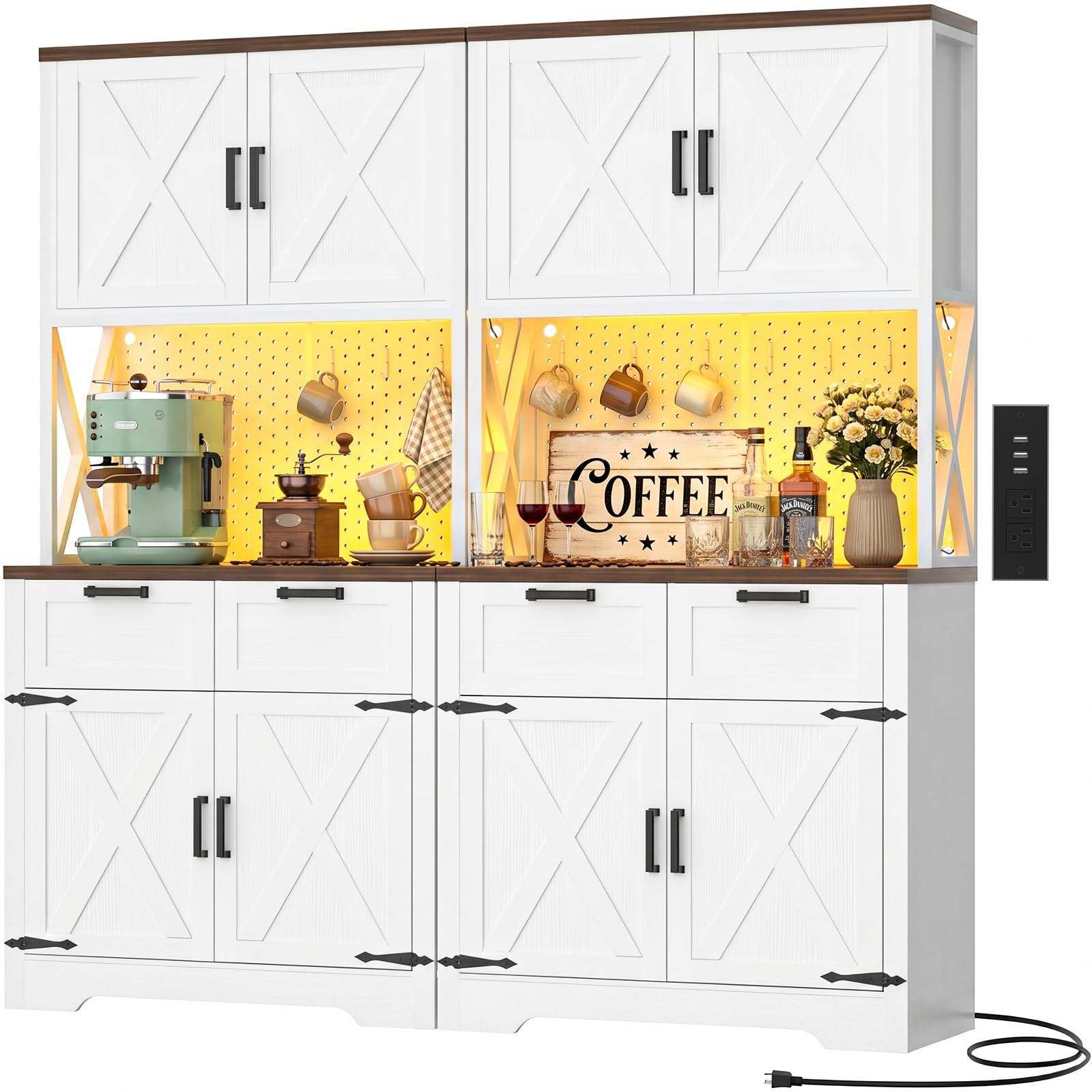 71x63 Kitchen Pantry Cabinet w/Microwave Countertop Charging LED Drawers White