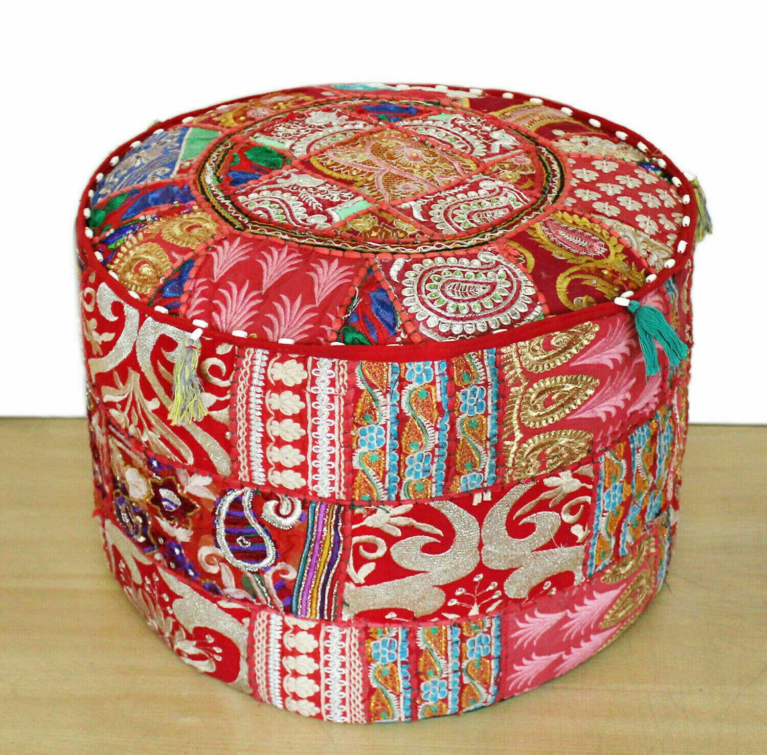 Embroidered Vintage ottoman puff cover Red cotton patch work footstool cover