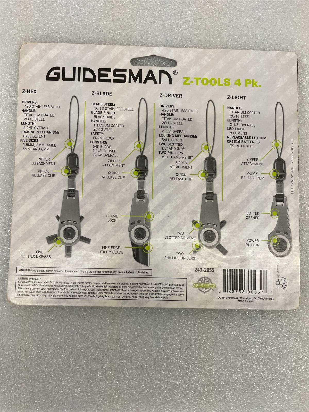 Guidesman Z-Tools 4-Pack LED Light Screwdriver Blade Hex Tool Driver Zipper Pull