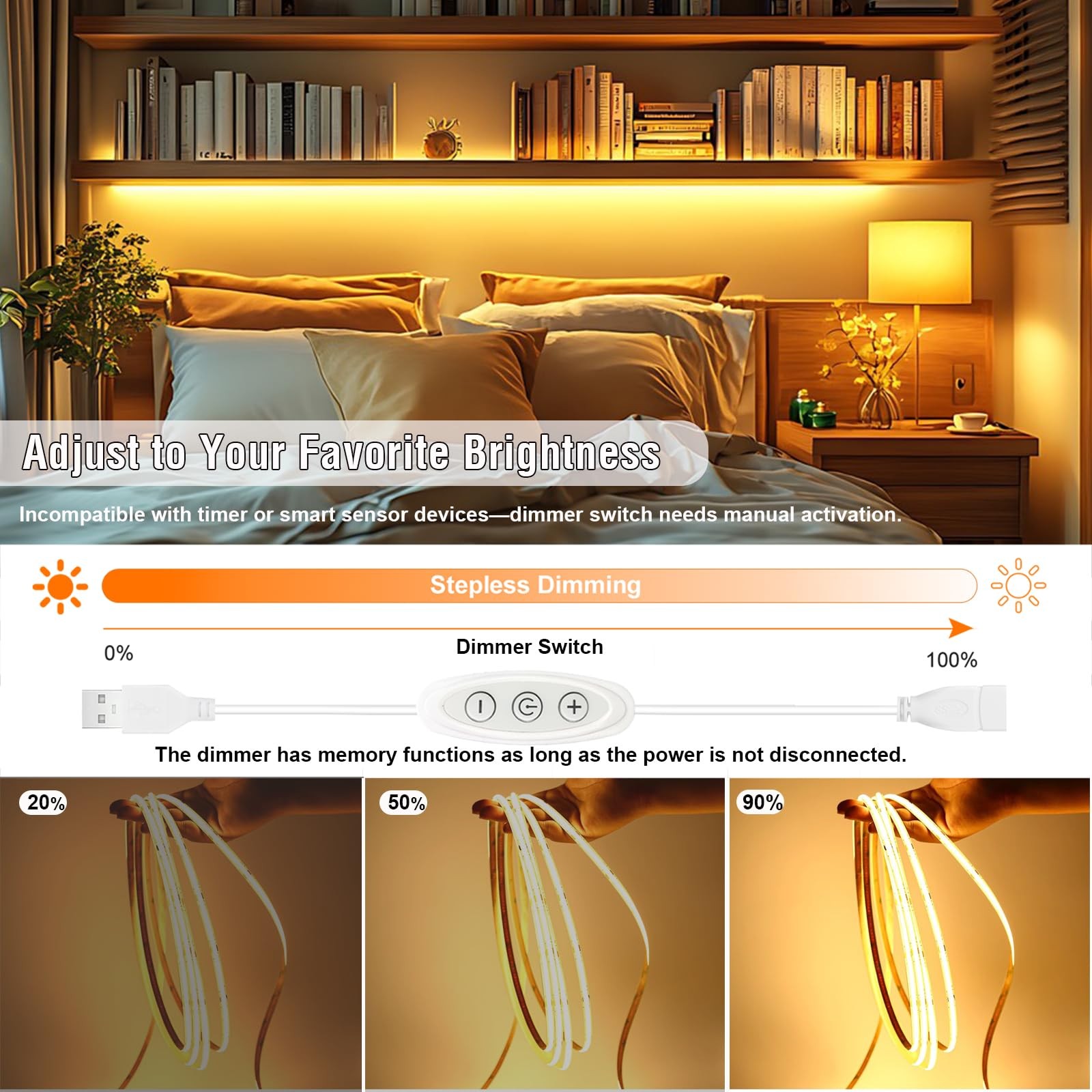 LED Strip Lights 6ft Warm White 2700K with USB Dimmer Switch