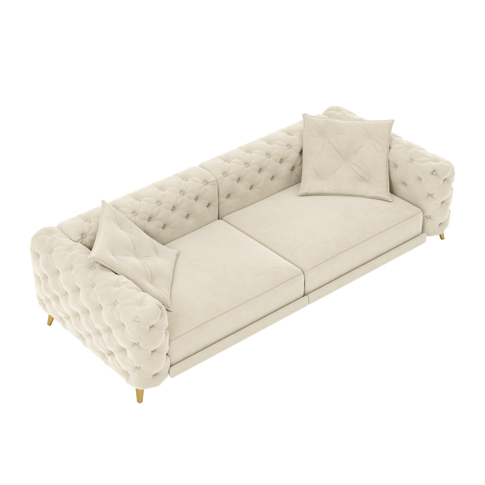 Convertible Sleeper Sofa Bed w Ottoman, Seats 4, Velvet, Beige/White