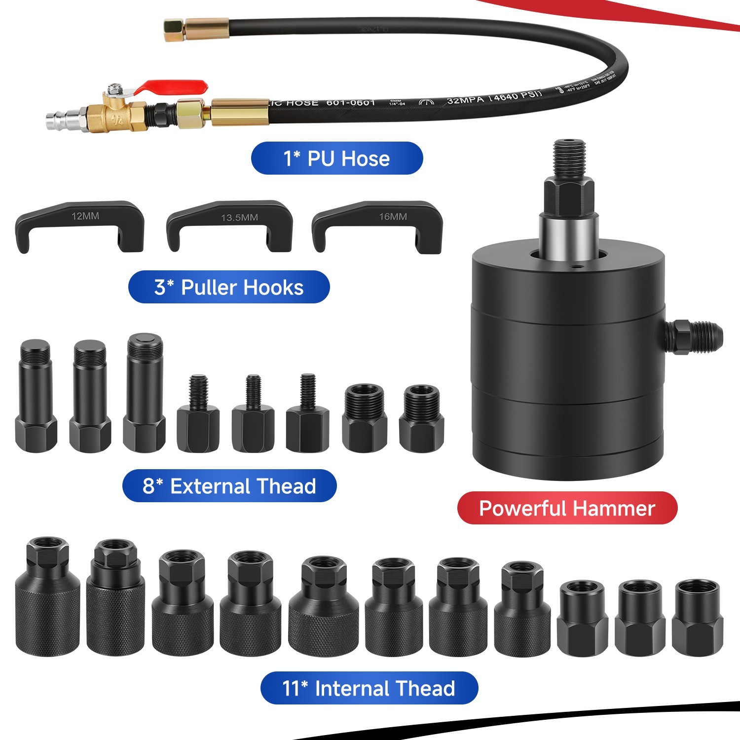 Diesel Injector Removal Puller Pneumatic Injector Extractor Puller Kit 24Pcs