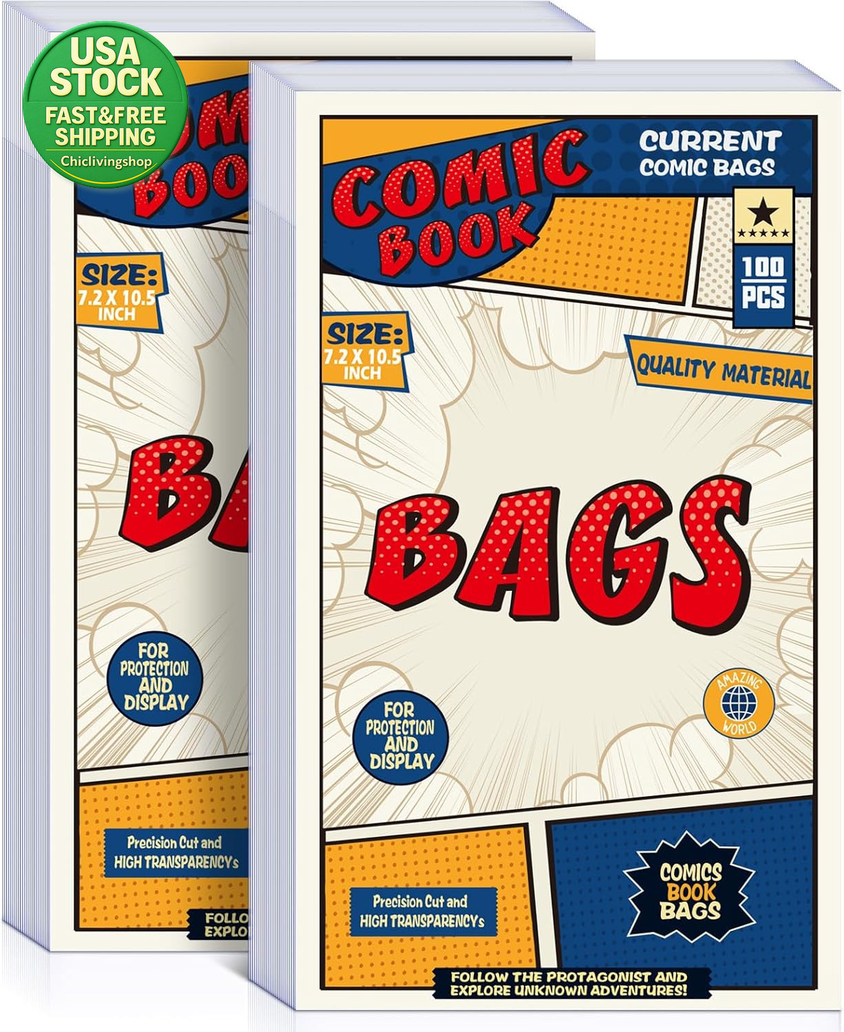 Comic Book Bags 200 Count 7.2 X 10.5 Inch Acid-Free Transparent Sleeves