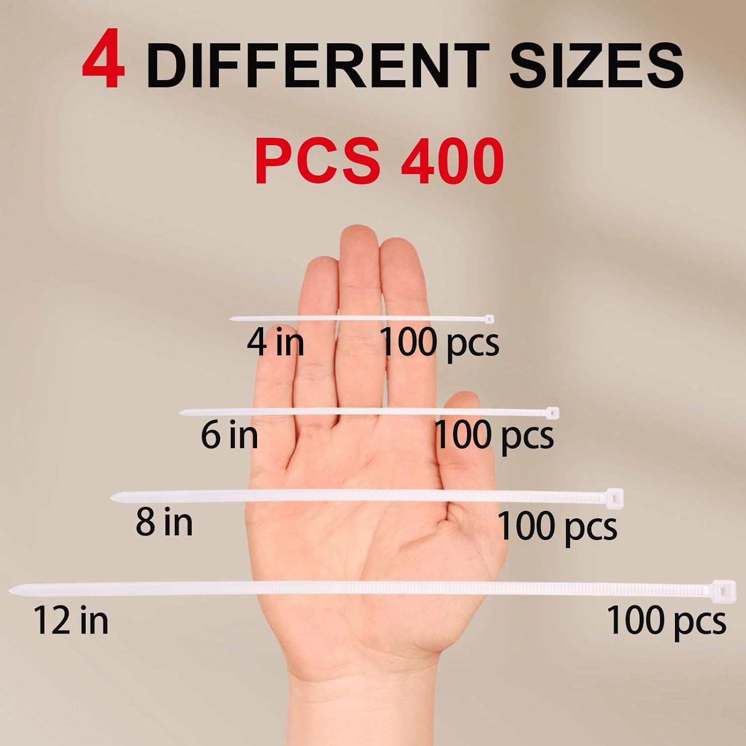 White Zip Ties Assorted Sizes 4+6+8+12 Inch,400 Pack Clear Zip Ties, White Cable