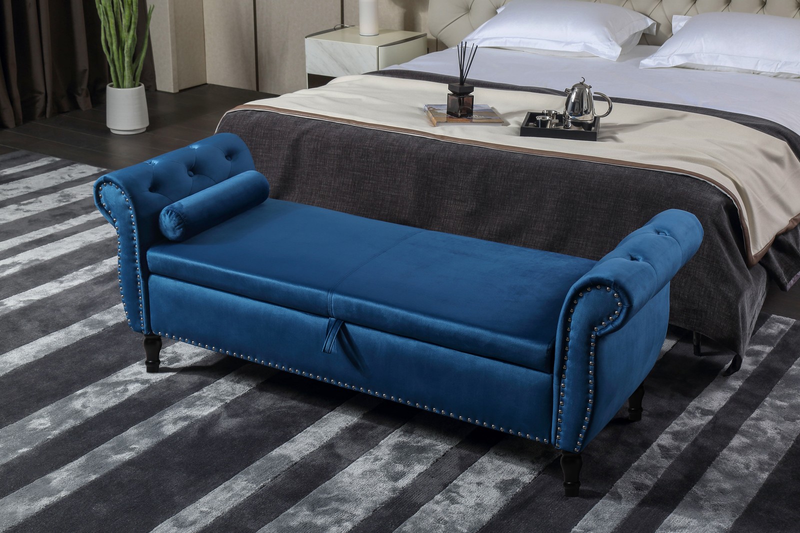 Aijia 63" Velvet Multifunctional Storage Bench Rectangular Sofa Stool Buttons Tu