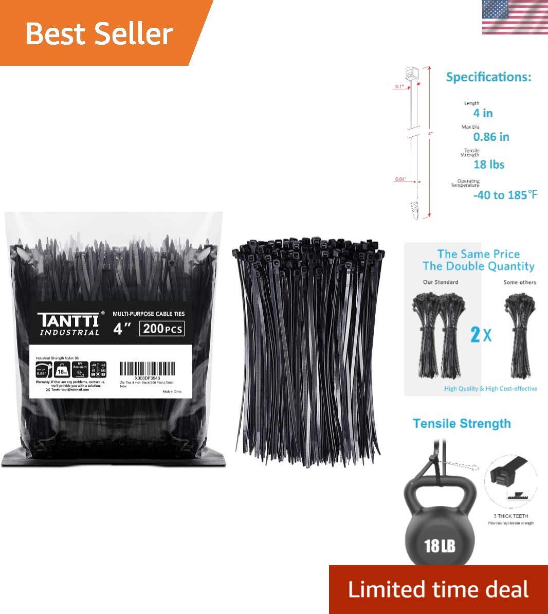 Versatile 4 Inch Zip Ties, 200 Pack - Strong 18 lb Tensile Strength, Black Nylon