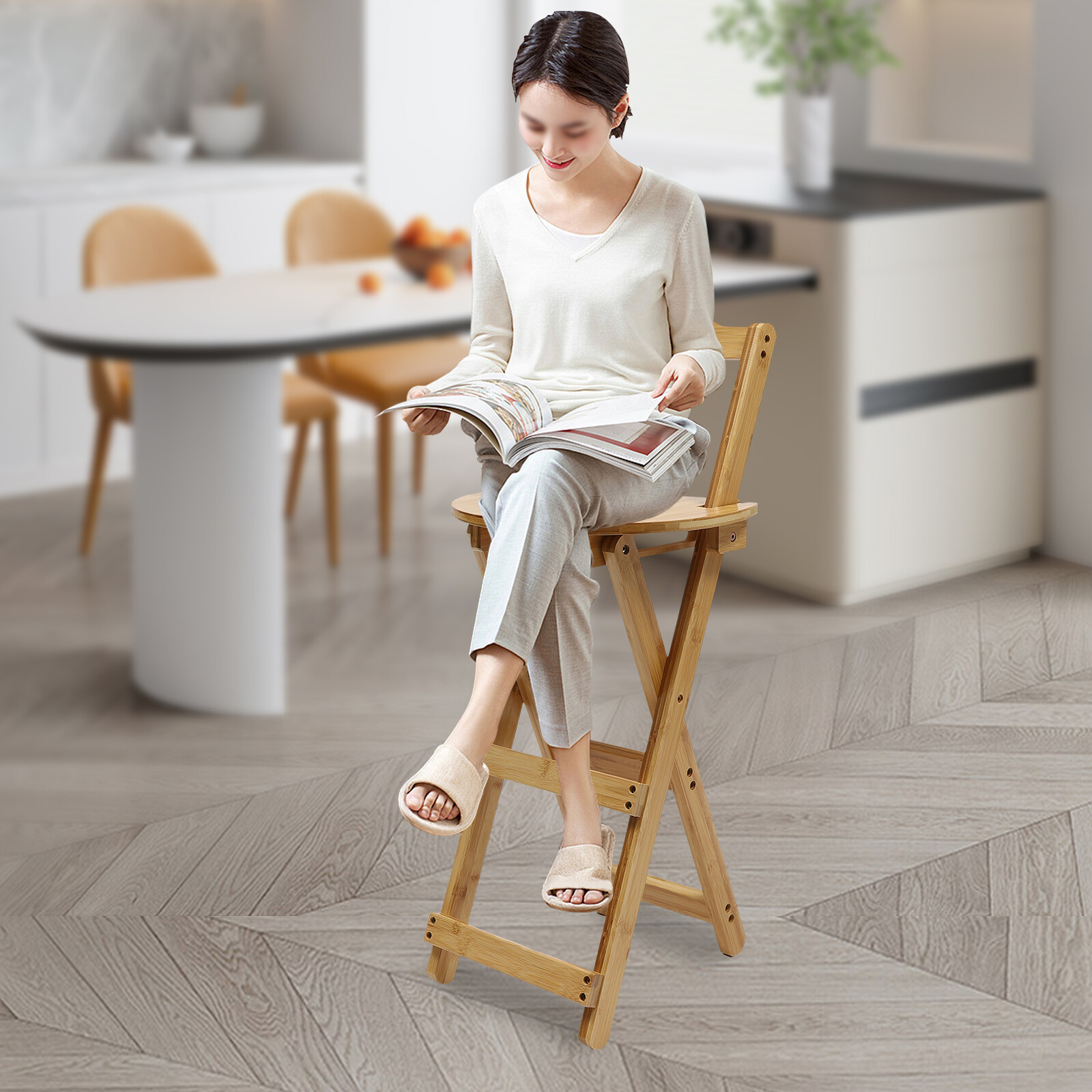 Portable Folding Bamboo Stool Tall Chair Foldable Bar Stool Porch Kitchen Chair