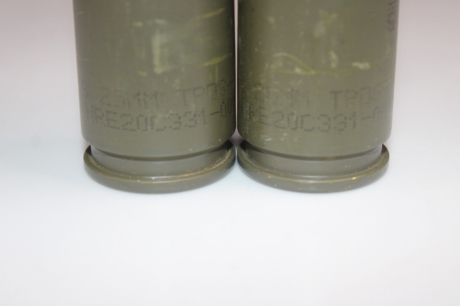 2 empty 25 mm Fired Shell Case casings PAPERWEIGHTS display