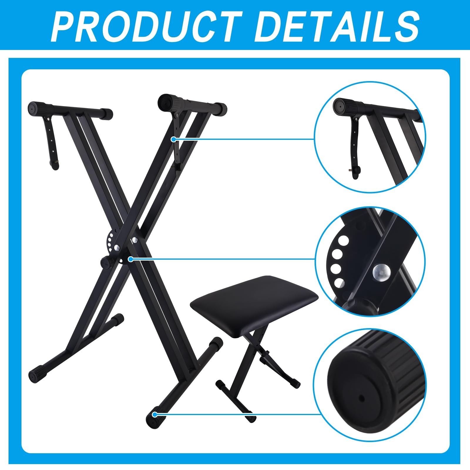 Adjustable Piano Keyboard Stand and Bench Set with Lockable Straps, Black