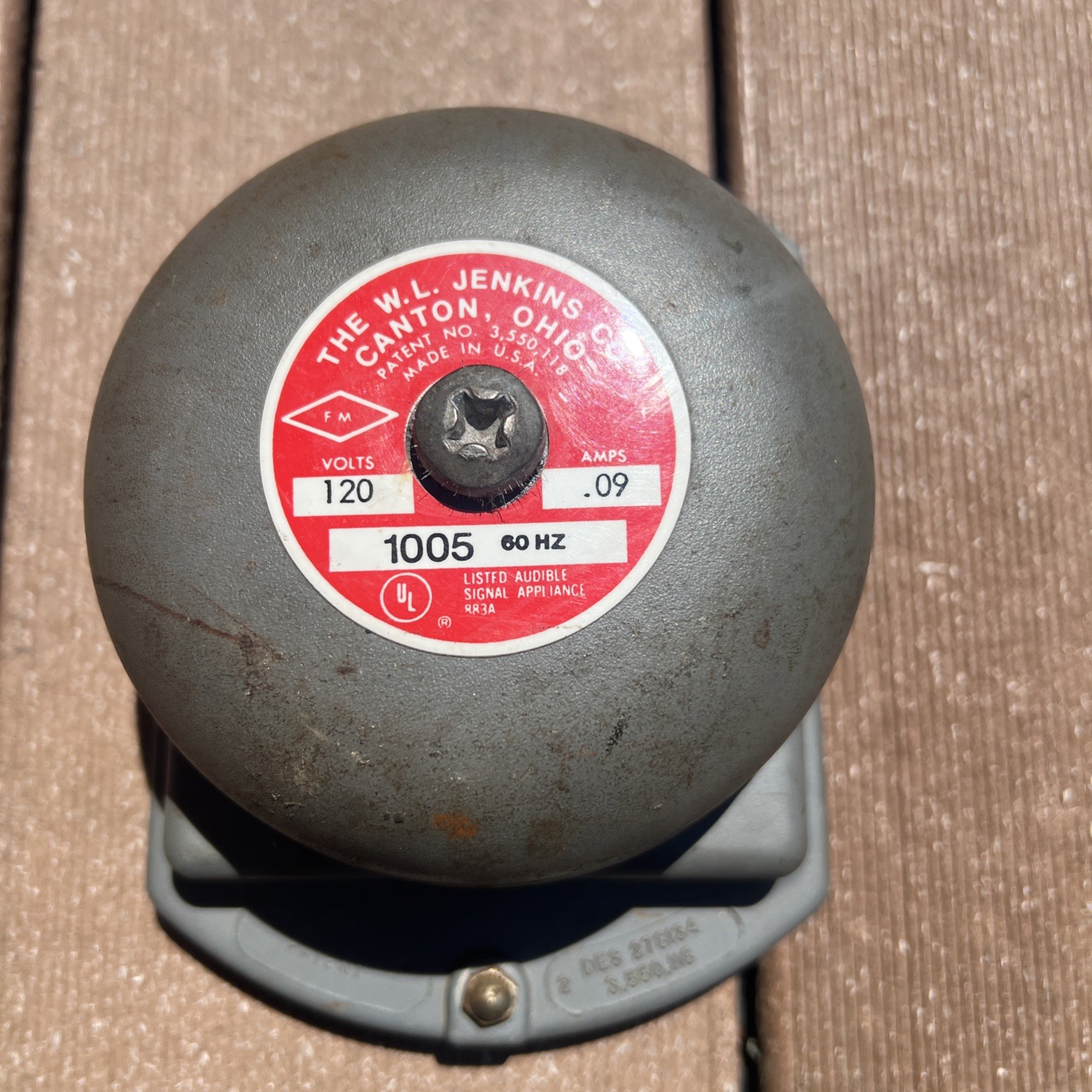 Bell Tested Rings Loud W.L. Jenkins Co 1005 (120 Volts, .09 AMPS  60HZ) Warning