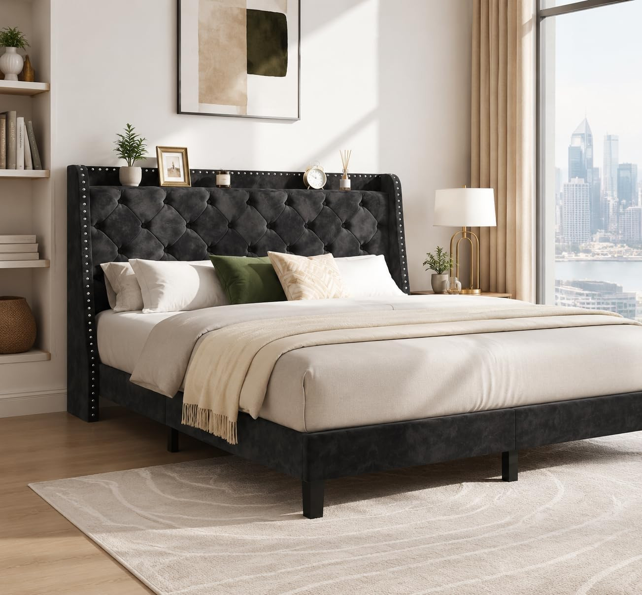 Queen Bed Frame with Storage Headboard, Velvet Upholstered Platform Bed Frame wi