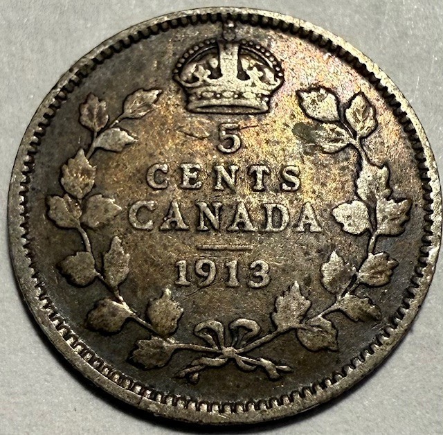 CANADA - George V - Silver 5 Cents - 1913 - Km-22 - FREE USA Shipping!