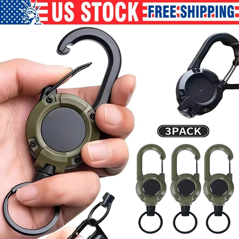 3Pcs Heavy Duty Retractable Keychain Carabiner Badge Holder Steel Wire Cord Reel