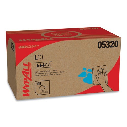 WypAll L10 Towels, POP-UP Box, 1-Ply, 9 x 10.5, White, 125/Box, 18 Boxes/Carton