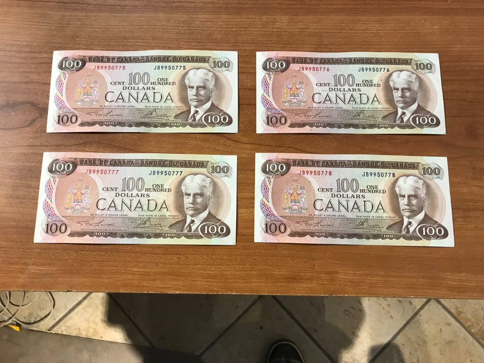 1975 $100 Bank of Canada JB Lawson Bouey , 4 consecutive note