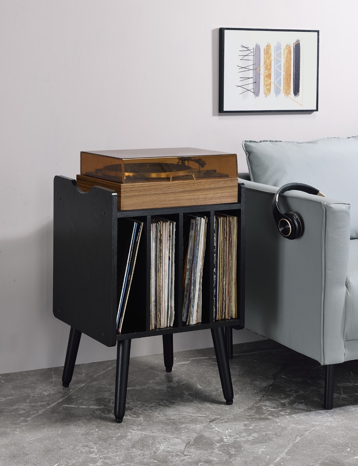 Musiea Vinyl Record Player Stand Turntable Table with 4 Cabinet Storage Black