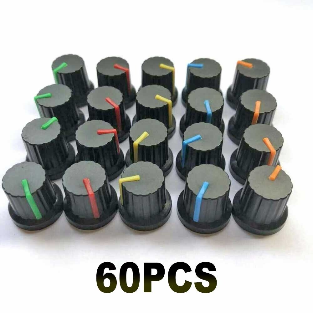 60Pcs 6mm Shaft Hole Dia Plastic Threaded Knurled Potentiometer Knobs Cap 15*15
