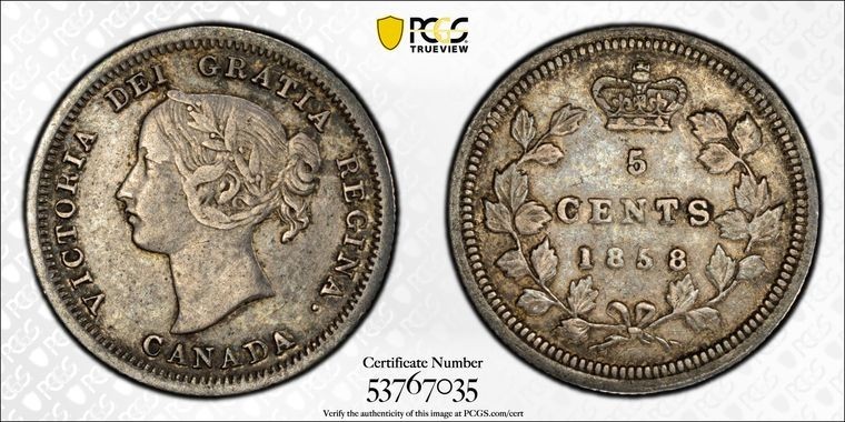 1858 Canada 5C Small Date - PCGS XF40