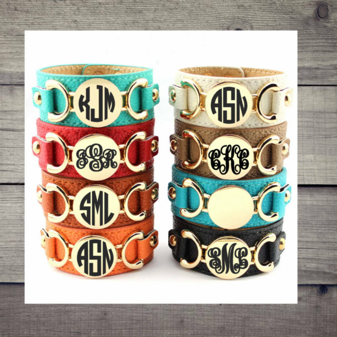 Leather cuff bracelet with monogram - Gold or Silver tone  - tons of great color
